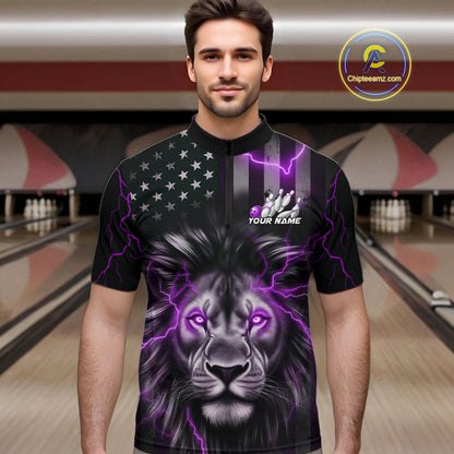 Custom Purple Thunder Lightning Patriotic Lion Quarter-Zip Shirt For Men, US Flag Bowling Jerseys IPHW9324