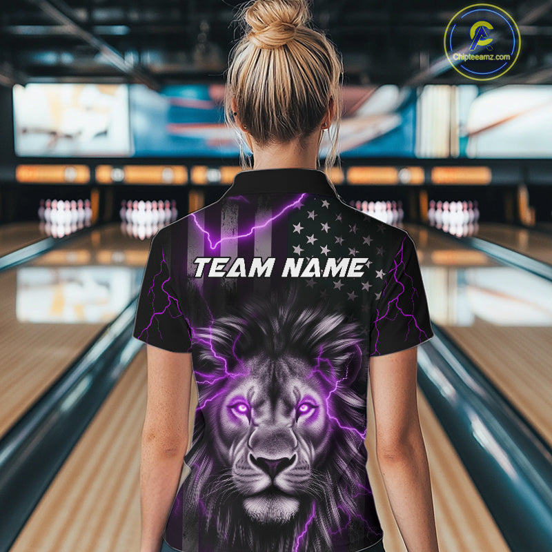 Custom Purple Thunder Lightning Patriotic Lion Women Quarter-Zip Shirt, US Bowling Jersey IPHW9324