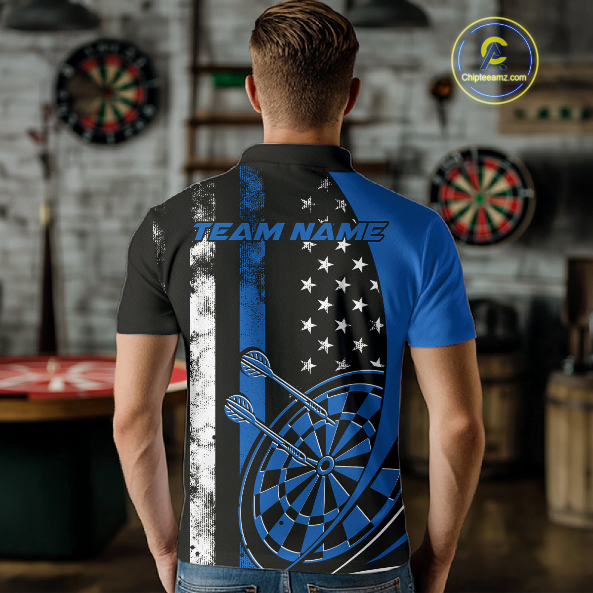 Custom Blue Thin Line US Flag Patriotic Dartboard Dart Men Polo Team Shirts, Dart Jerseys IPHW9645