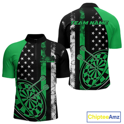 Custom Green Thin Line US Flag Patriotic Dartboard Dart Men Quarter-Zip Team Shirts, Dart Jerseys IPHW9646