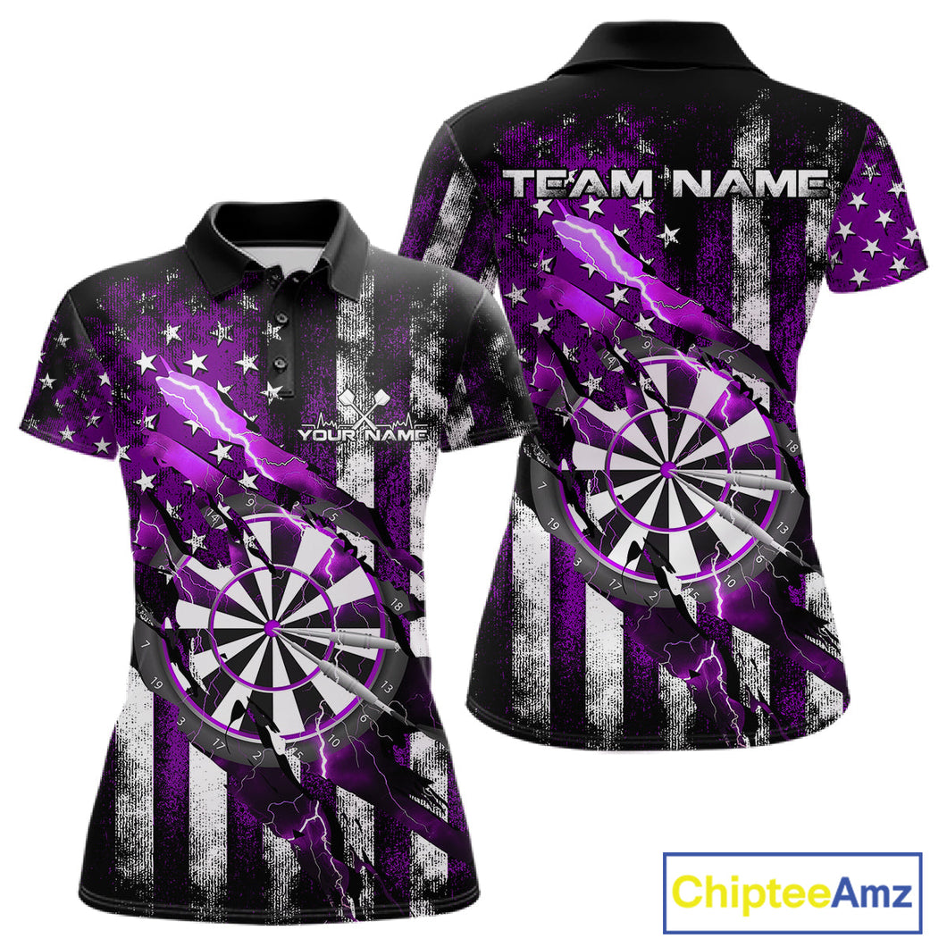 Custom Purple Thunder Lightning Patriotic Dart Women Polo Shirts, Vintage Dart Jerseys IPHW9653