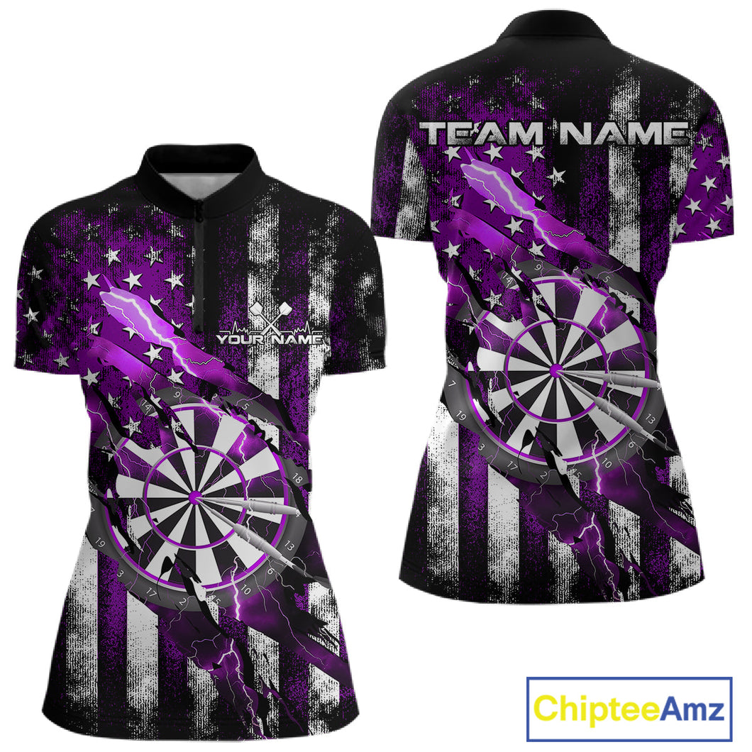 Custom Purple Thunder Lightning Patriotic Dart Women Quarter-Zip Shirts, Dart Jerseys IPHW9653