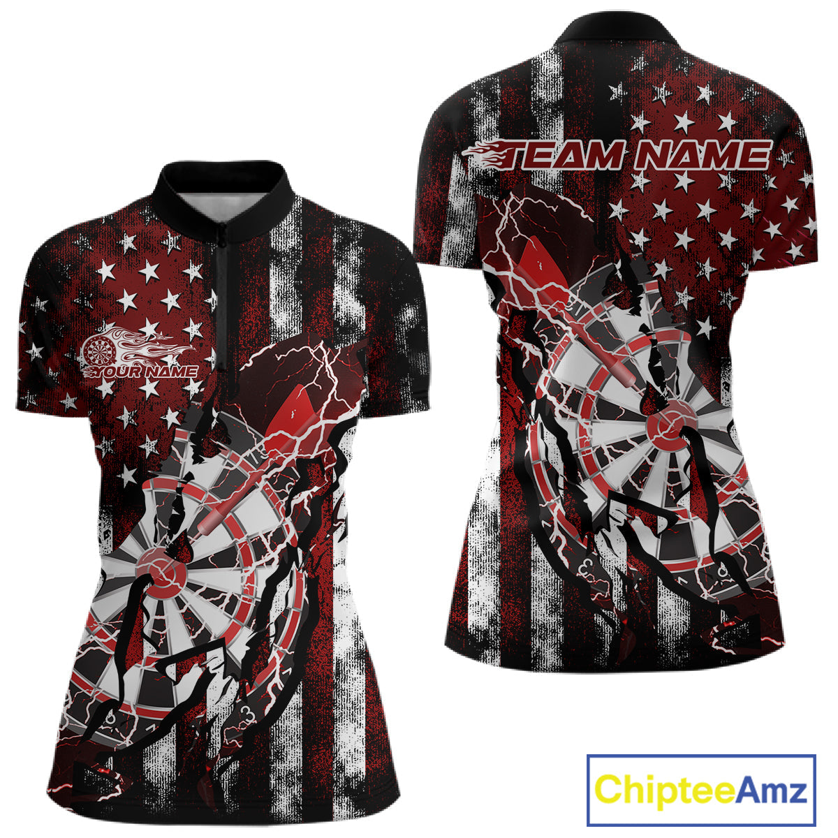 Custom Red Thunder Lightning Patriotic Dart Team Quarter-Zip Shirt For Women, Dart Jersey IPHW9656