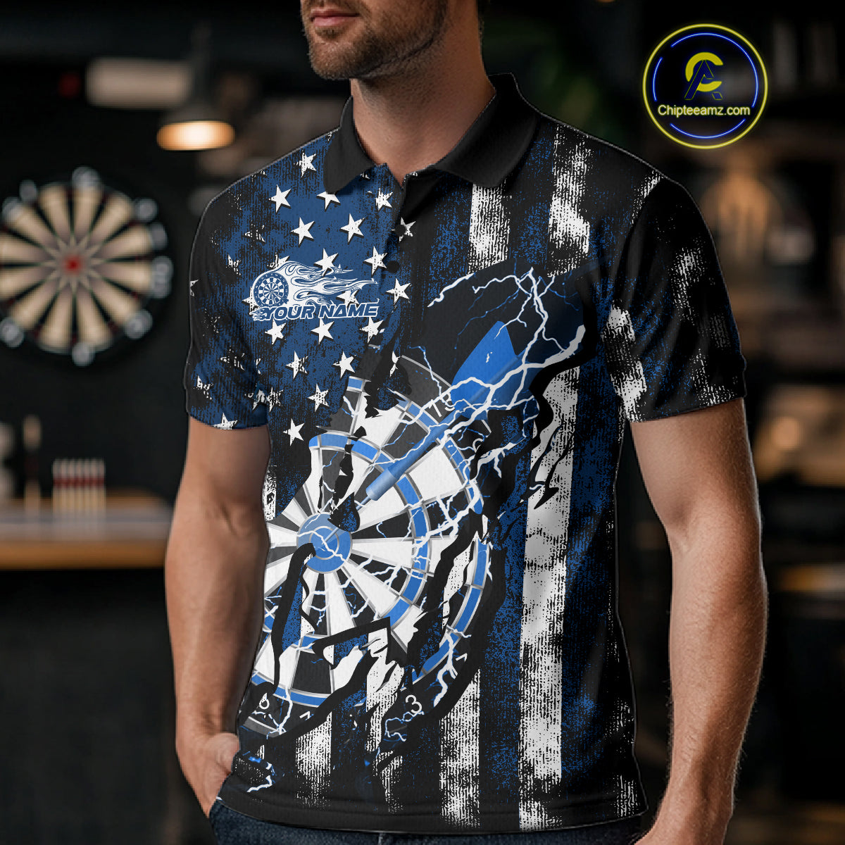Custom Blue Thunder Lightning Patriotic Dart Team Polo Shirts For Men, Dart Jerseys IPHW9657