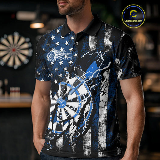 Custom Blue Thunder Lightning Patriotic Dart Team Polo Shirts For Men, Dart Jerseys IPHW9657