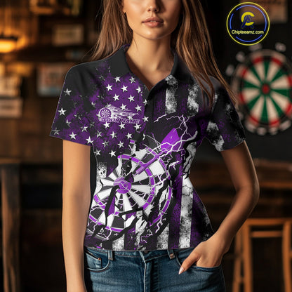 Custom Purple Thunder Lightning Patriotic Dart Team Polo Shirts For Women, Dart Jerseys IPHW9658