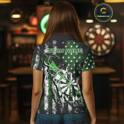 Custom Green Thunder Lightning Patriotic Dart Team Polo Shirts For Women, Dart Jerseys IPHW9659