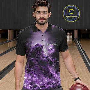Custom Purple Flame Grim Reaper Bowling Men Polo Shirts, Halloween Bowling Team Outfit IPHW9468