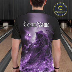 Custom Purple Flame Grim Reaper Bowling Men Polo Shirts, Halloween Bowling Team Outfit IPHW9468