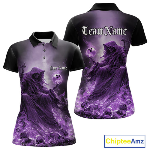 Custom Purple Flame Grim Reaper Bowling Women Polo Shirts, Halloween Bowling Team Outfit IPHW9468