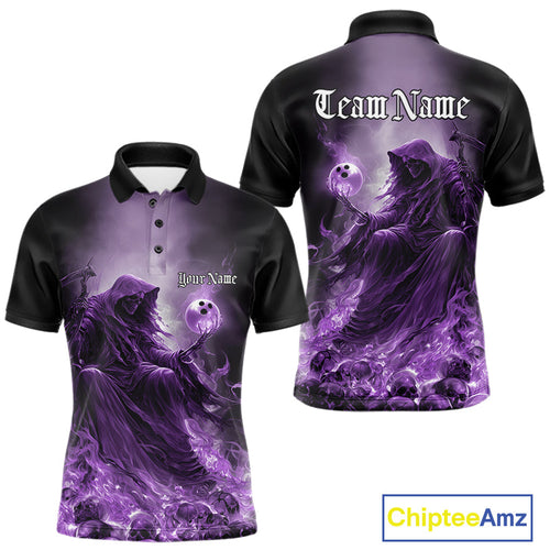 Custom Purple Flame Grim Reaper Bowling Men Polo Shirts, Halloween Bowling Team Outfit IPHW9468