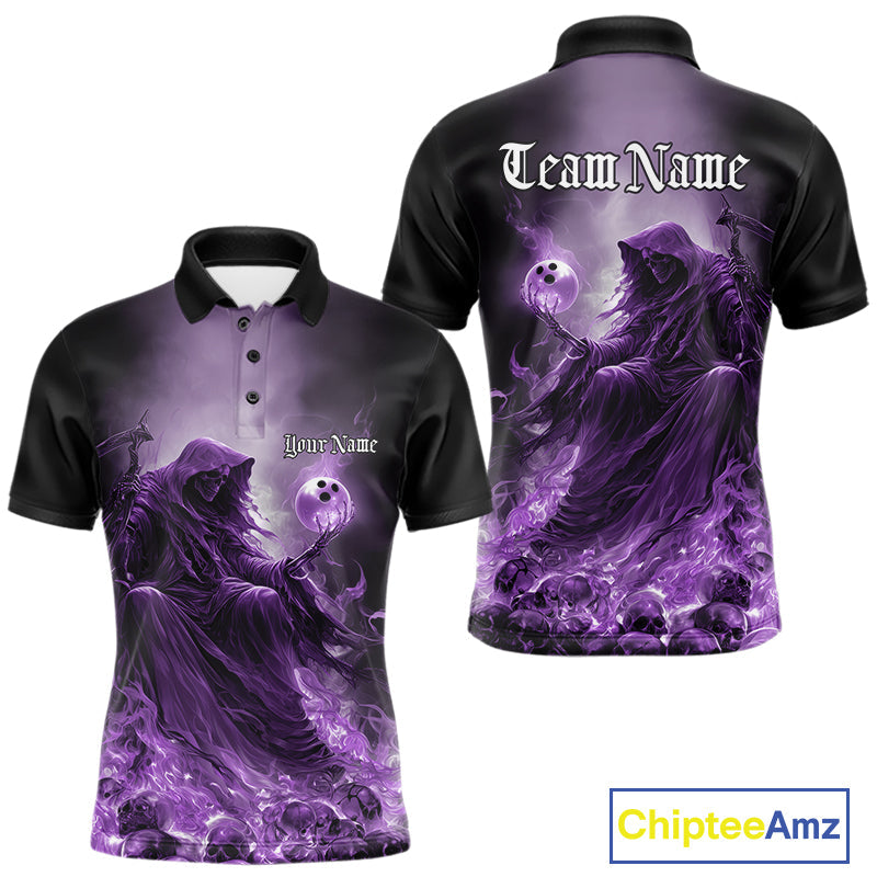 Custom Purple Flame Grim Reaper Bowling Men Polo Shirts, Halloween Bowling Team Outfit IPHW9468