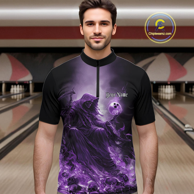 Custom Purple Flame Grim Reaper Bowling Men Quarter-Zip Shirts, Halloween Bowling Team Outfit IPHW9468