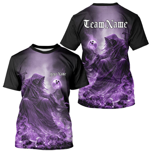 Custom Purple Flame Grim Reaper Bowling Men T-Shirts, Halloween Bowling Team Outfit IPHW9468