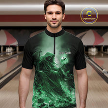 Load image into Gallery viewer, Custom Green Flame Grim Reaper Bowling Men Quarter-Zip Shirts, Halloween Bowling Team Outfit IPHW9469