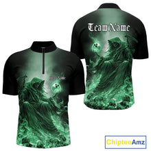 Load image into Gallery viewer, Custom Green Flame Grim Reaper Bowling Men Quarter-Zip Shirts, Halloween Bowling Team Outfit IPHW9469