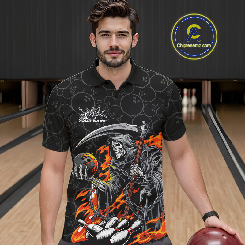 Custom Chaotic Flame Grim Reaper Bowling Polo Shirts For Men, Halloween Bowling Team Shirt IPHW9473