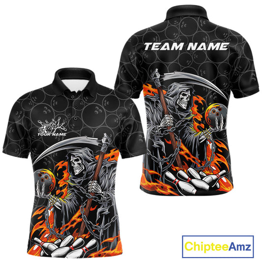 Custom Chaotic Flame Grim Reaper Bowling Polo Shirts For Men, Halloween Bowling Team Shirt IPHW9473