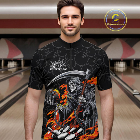 Custom Chaotic Flame Grim Reaper Bowling Quarter-Zip Shirts For Men, Halloween Bowling Team Shirt IPHW9473
