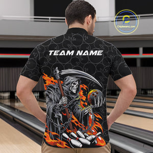 Custom Chaotic Flame Grim Reaper Bowling Quarter-Zip Shirts For Men, Halloween Bowling Team Shirt IPHW9473