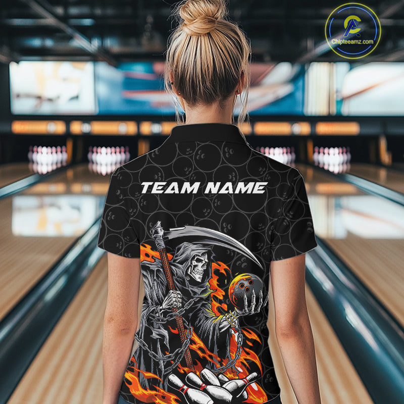 Custom Chaotic Flame Grim Reaper Bowling Women Quarter-Zip Shirt, Halloween Bowling Shirt IPHW9473