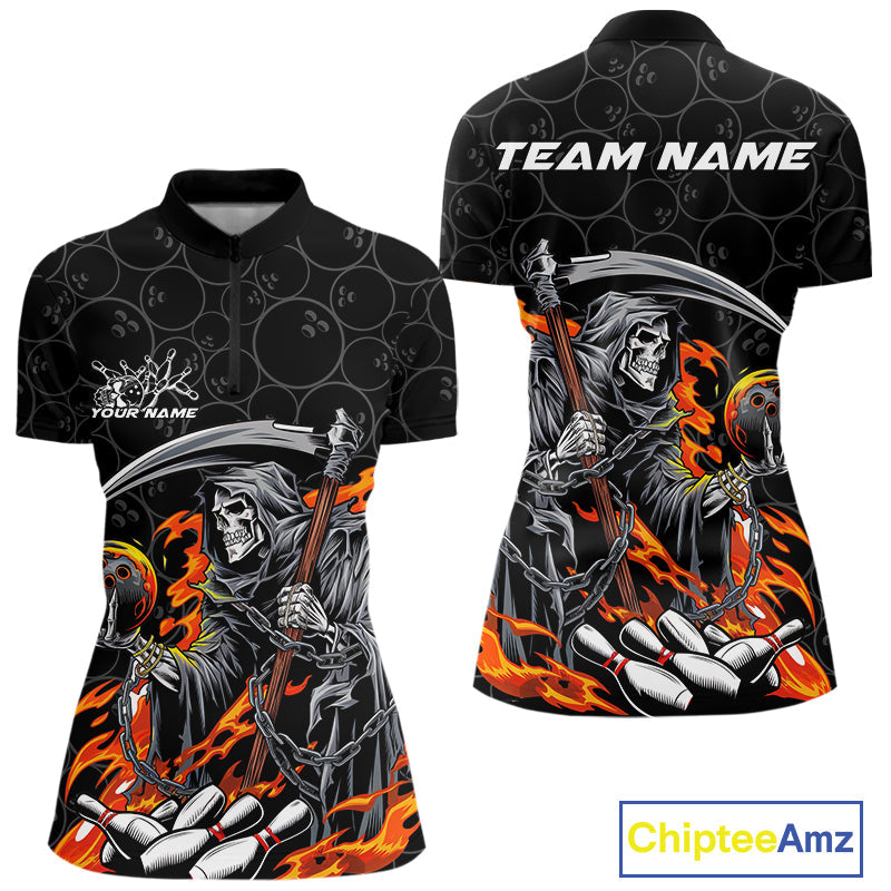 Custom Chaotic Flame Grim Reaper Bowling Women Quarter-Zip Shirt, Halloween Bowling Shirt IPHW9473