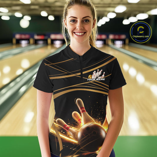 Custom Black And Gold Lane Glowing Bowling Ball And Pins Quarter-Zip Team Shirt For Women IPHW9474