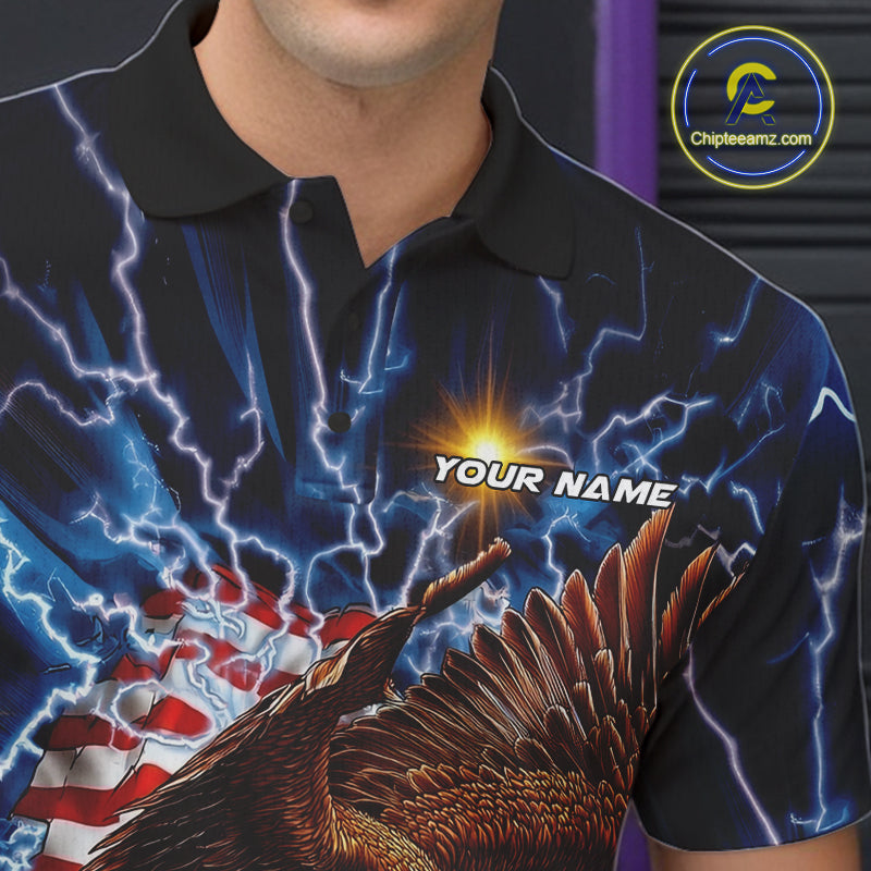 Custom Blue Lightning US Flag Eagle Bowling Team Polo Shirts For Men, Patriotic Bowling IPHW9477