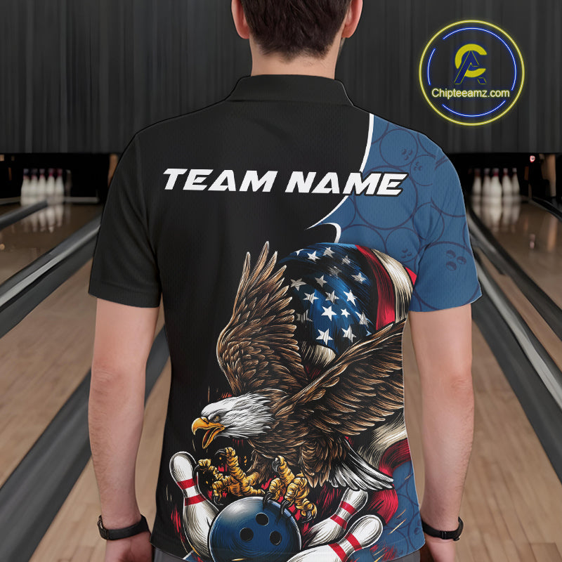 Custom American Flag Eagle Bowling Team Men Polo Shirts, Patriotic US Bowling League Shirt IPHW9478