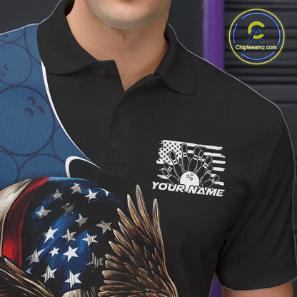 Custom American Flag Eagle Bowling Team Men Polo Shirts, Patriotic US Bowling League Shirt IPHW9478