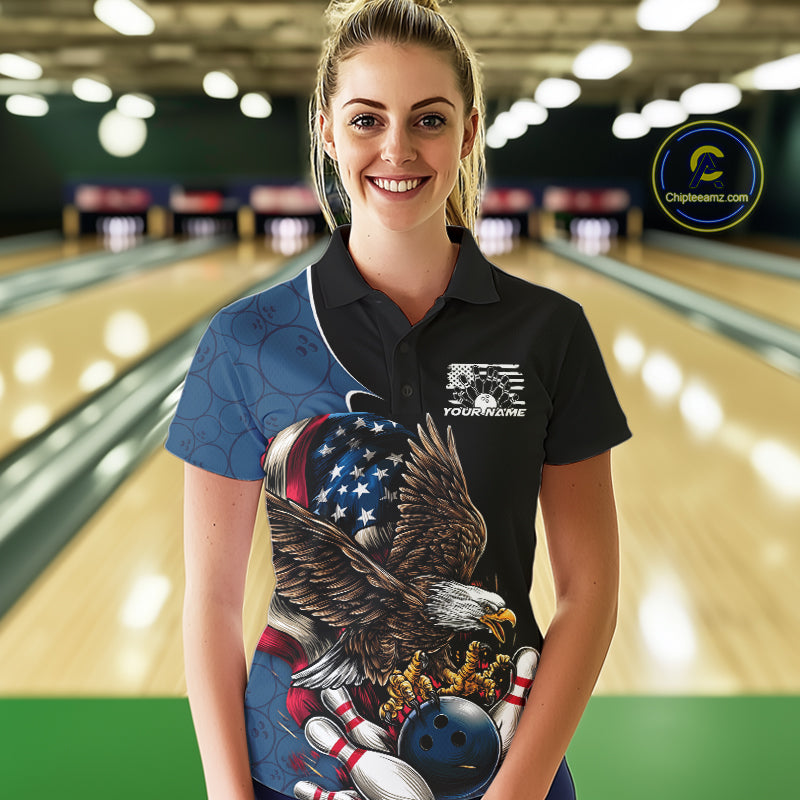 Custom American Flag Eagle Bowling Women Polo Shirts, Patriotic US Bowling League Shirt IPHW9478