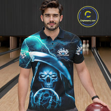 Load image into Gallery viewer, Custom Blue Thunder Lightning Grim Reaper Skull Halloween Bowling Polo Shirts For Men IPHW9851
