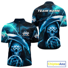 Load image into Gallery viewer, Custom Blue Thunder Lightning Grim Reaper Skull Halloween Bowling Quarter-Zip Shirts For Men IPHW9851