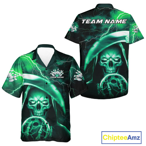 Custom Green Thunder Lightning Grim Reaper Skull Halloween Bowling Hawaiian Shirts For Men And Women IPHW9852