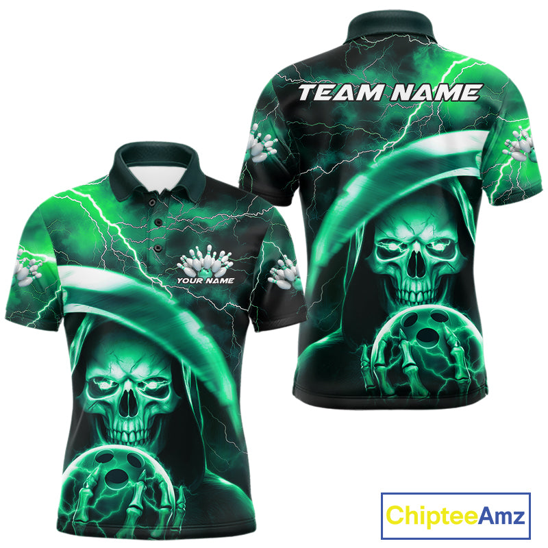 Custom Green Thunder Lightning Grim Reaper Skull Halloween Bowling Polo Shirts For Men IPHW9852