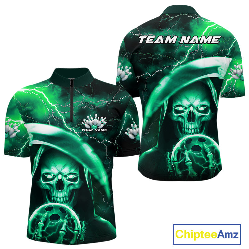 Custom Green Thunder Lightning Grim Reaper Skull Halloween Bowling Quarter-Zip Shirts For Men IPHW9852