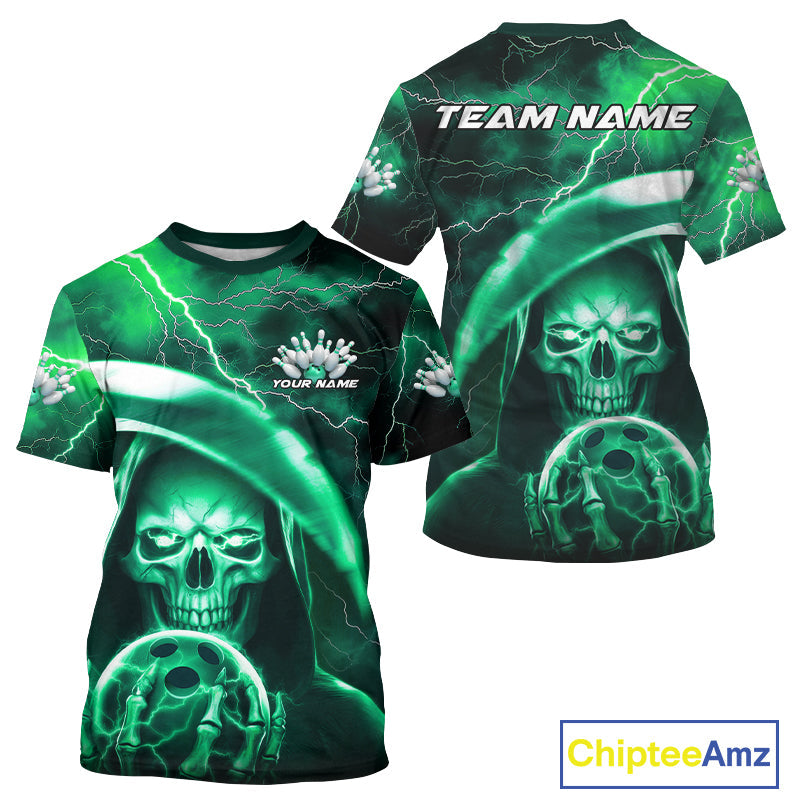 Custom Green Thunder Lightning Grim Reaper Skull Halloween Bowling T-Shirts For Men IPHW9852