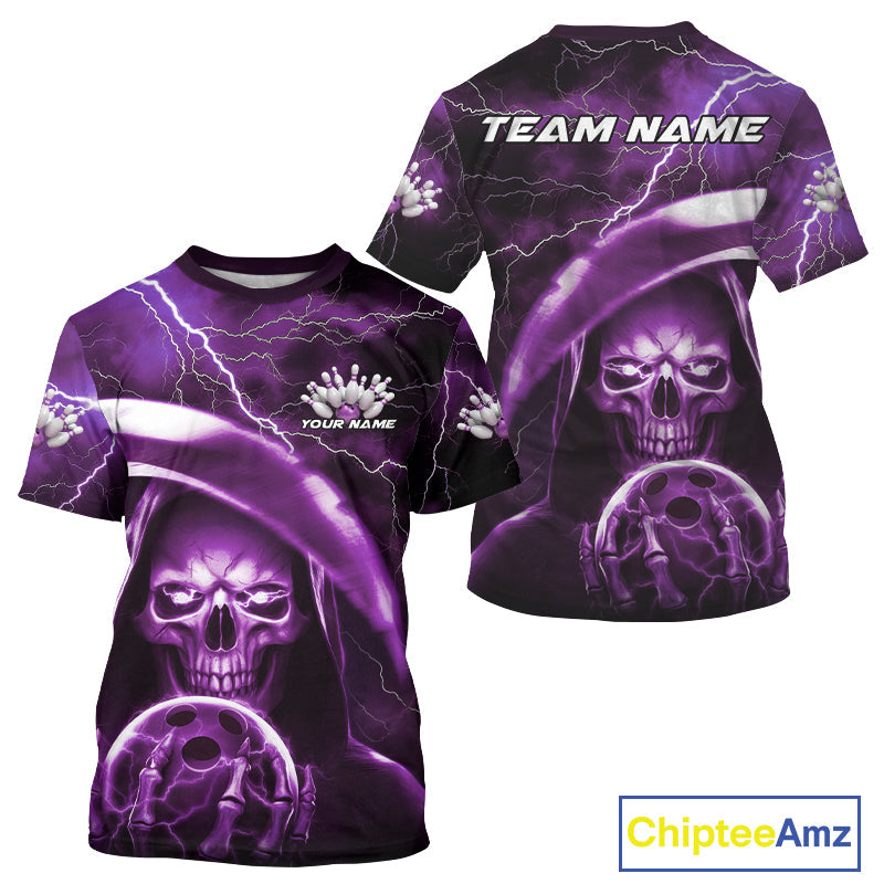Custom Purple Thunder Lightning Grim Reaper Skull Halloween Bowling T-Shirts For Men IPHW9853