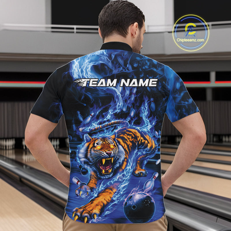 Custom Blue Fire Flame Tiger Bowling Team Quarter-Zip Shirts For Men, Tiger Bowling Jerseys IPHW9484