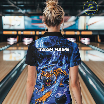 Custom Blue Fire Flame Tiger Bowling Team Women Quarter-Zip Shirts, Tiger Bowling Jerseys IPHW9484