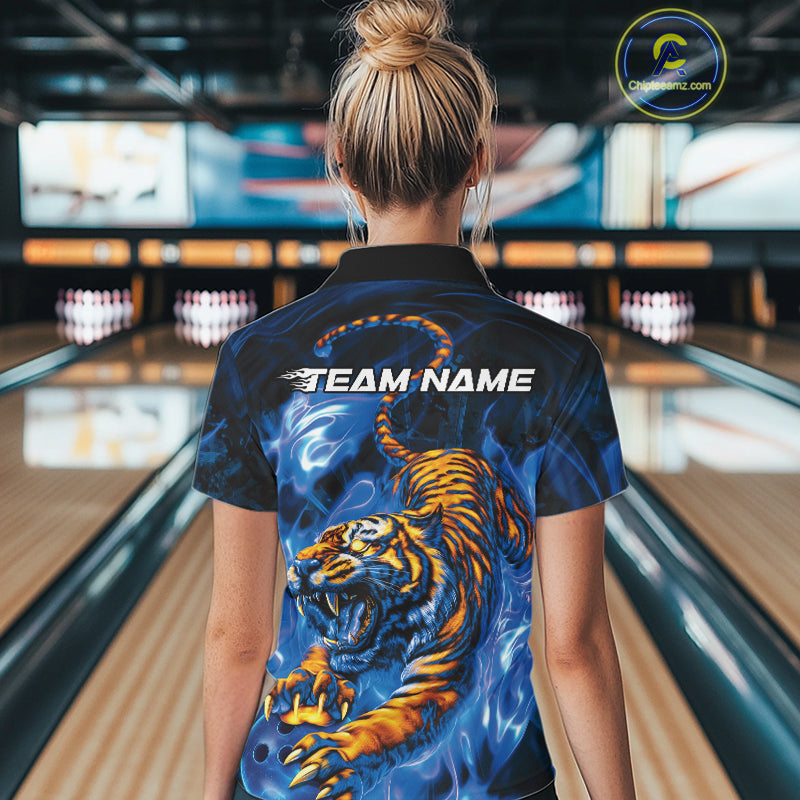 Custom Blue Fire Flame Tiger Bowling Team Polo Shirts For Women, Tiger Bowling Jerseys IPHW9486