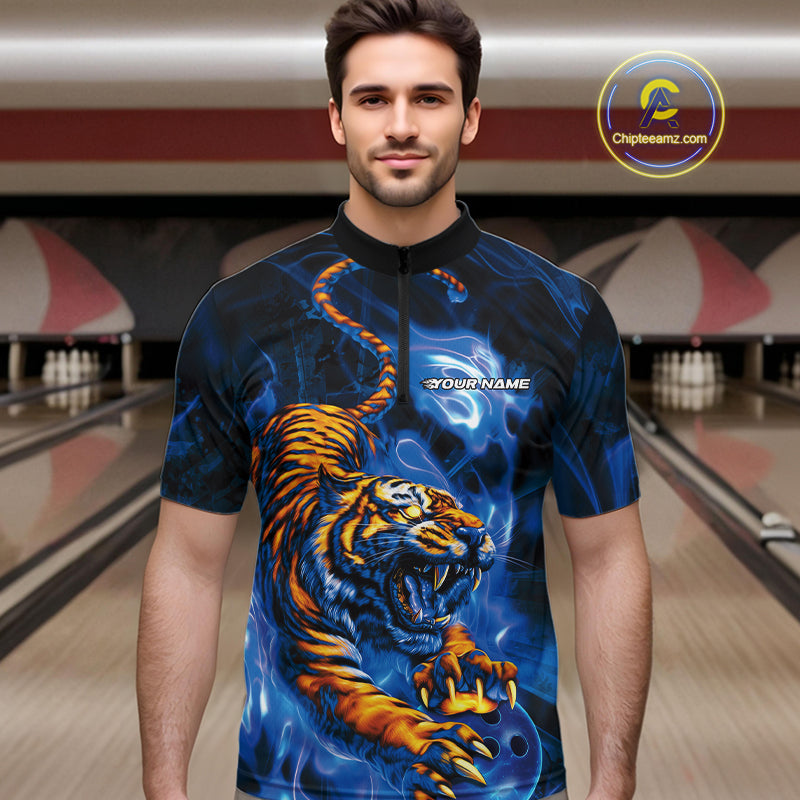 Custom Blue Fire Flame Tiger Bowling Team Quarter-Zip Shirts For Men, Tiger Bowling Jerseys IPHW9486