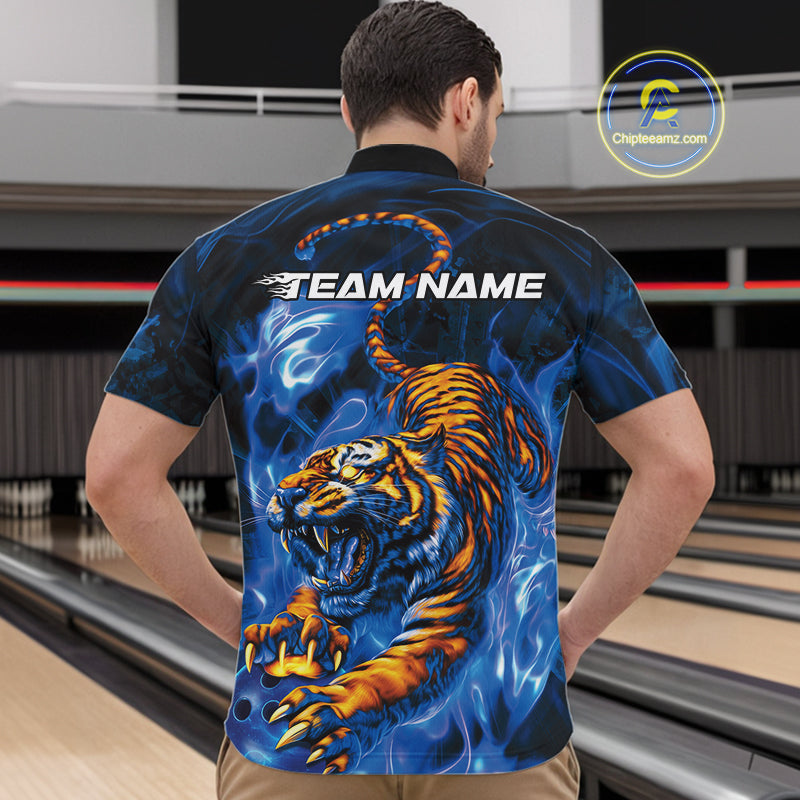 Custom Blue Fire Flame Tiger Bowling Team Quarter-Zip Shirts For Men, Tiger Bowling Jerseys IPHW9486