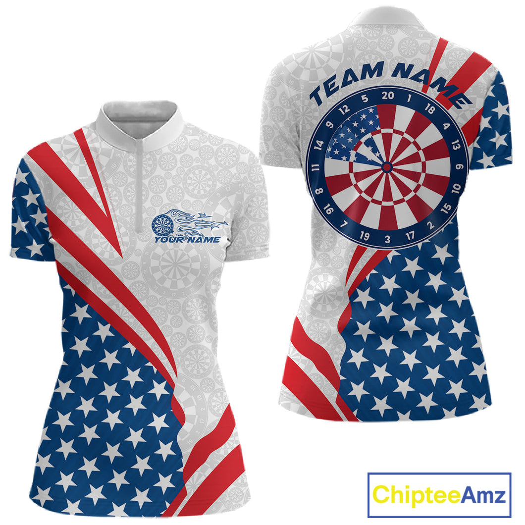 Custom Patriotic Dart Jerseys For Players, US Flag Dartboard Team Women Quarter-Zip Shirt IPHW9697