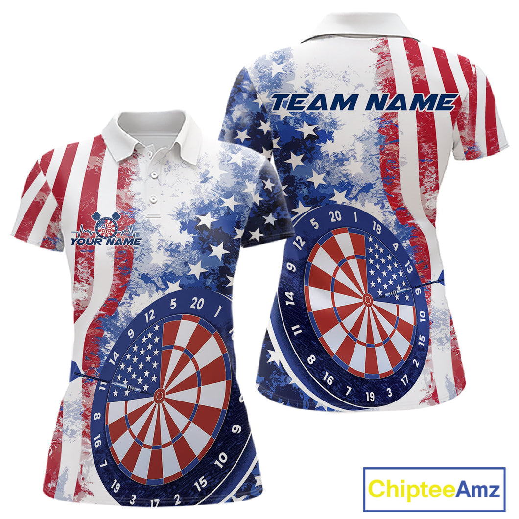 Custom Patriotic Dart Pulse Line Jerseys, US Flag Dartboard Team Polo Shirts For Women IPHW9698