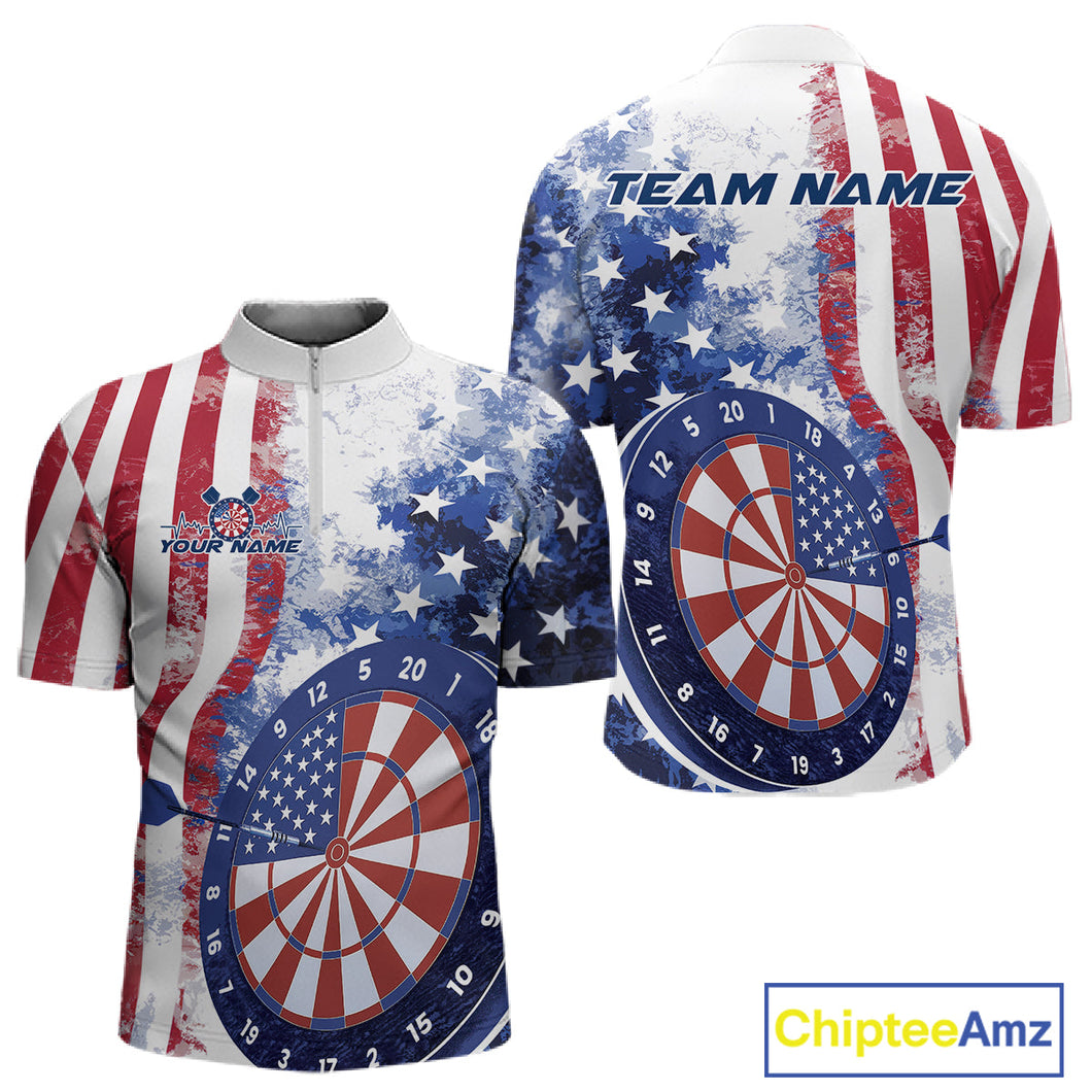Custom Patriotic Dart Pulse Line Jerseys, US Flag Dartboard Team Quarter-Zip Shirts For Men IPHW9698
