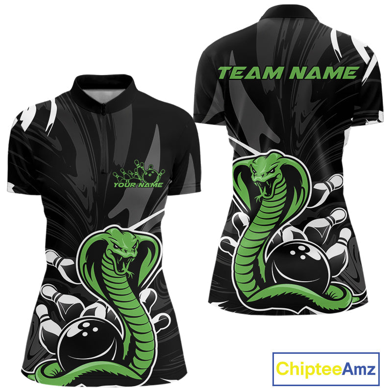 Custom Green Cobra Snake Bowling Team Jerseys, Bowling Quarter-Zip Shirts For Women IPHW9709