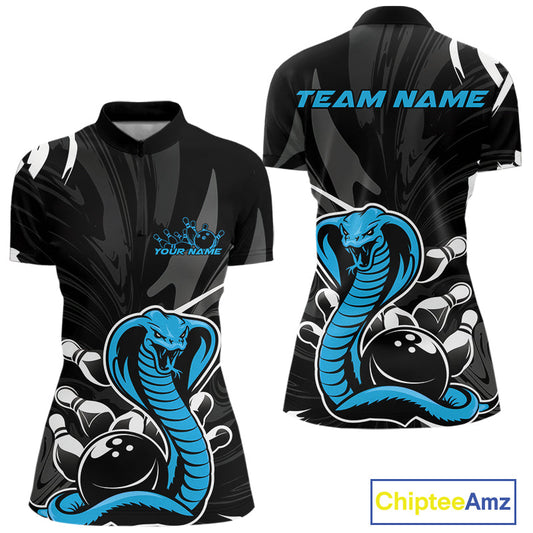 Custom Blue Cobra Snake Bowling Team Jerseys, Bowling Quarter-Zip Shirts For Women IPHW9710