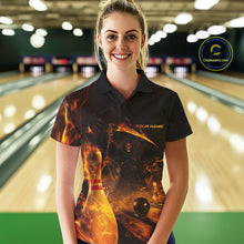 Load image into Gallery viewer, Custom Fire Flame Grim Reaper Bowling Polo Shirts For Women, Halloween Bowlers Outfit IPHW9711