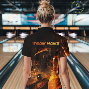 Custom Fire Flame Grim Reaper Bowling Women Quarter-Zip Shirts, Halloween Bowlers Outfit IPHW9711